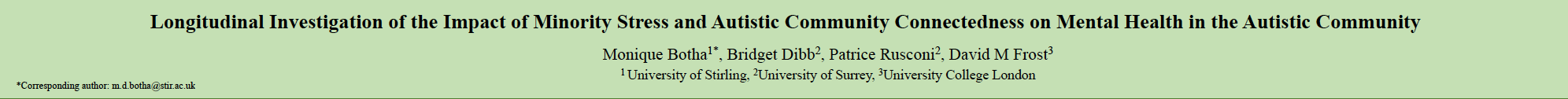 INSAR poster: Longitudinal Investigation of the Impact of Minority Stress and Autistic Community Connectedness on Mental Health in the Autistic Community